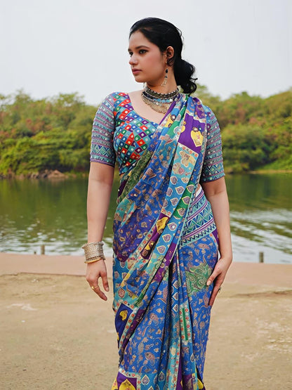 Ethnic Motifs Mirror Work Chinnon Silk Saree