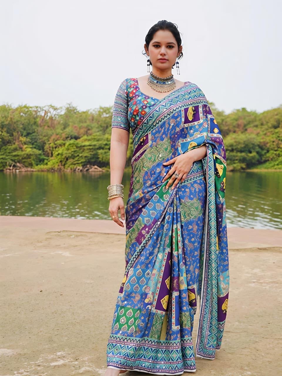 Ethnic Motifs Mirror Work Chinnon Silk Saree