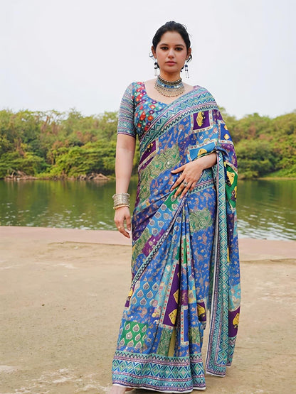 Ethnic Motifs Mirror Work Chinnon Silk Saree