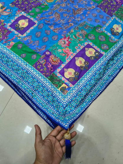 Ethnic Motifs Mirror Work Chinnon Silk Saree