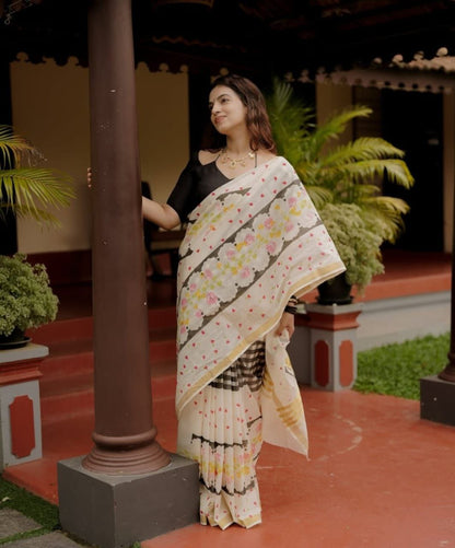 Premium Golden Broder Cotton Linen Saree With Soft Floral Print