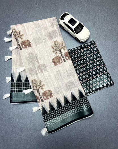 Premium Silver Broder Cotton Linen Saree With Soft Floral Print