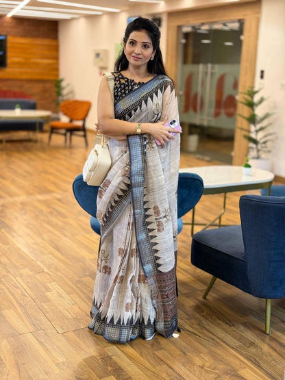 Premium Silver Broder Cotton Linen Saree With Soft Floral Print