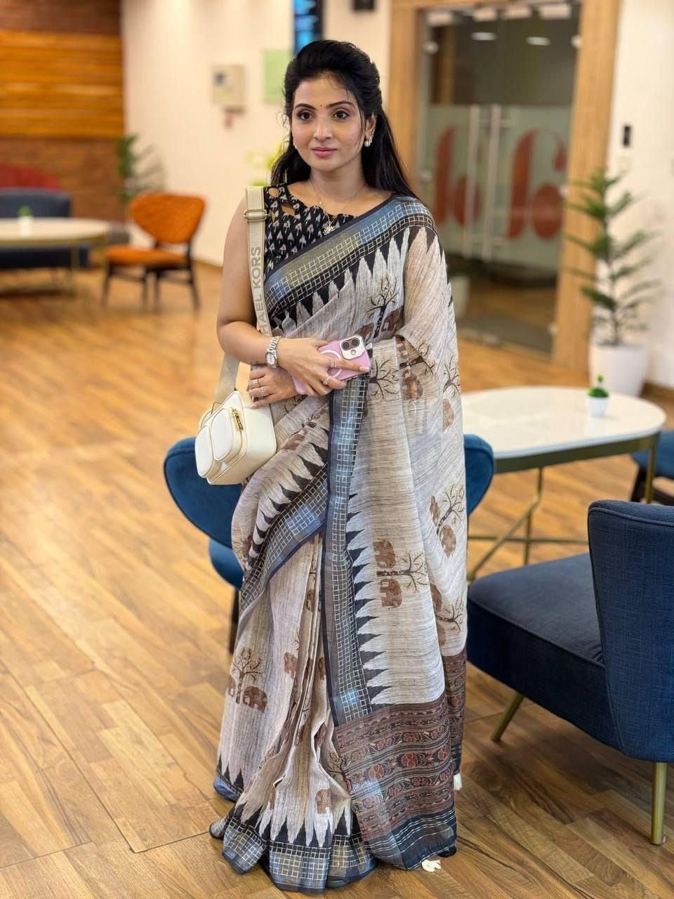 Premium Silver Broder Cotton Linen Saree With Soft Floral Print