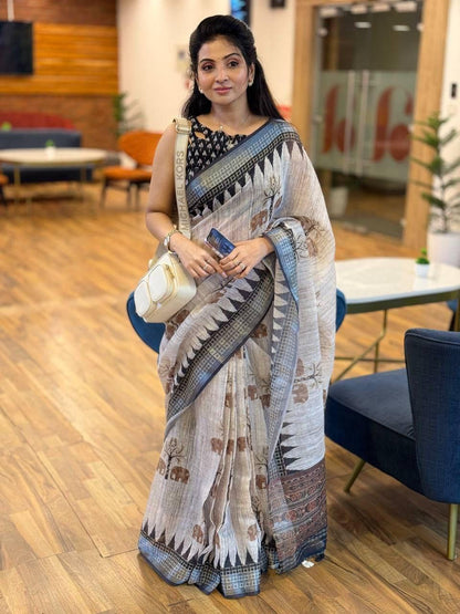 Premium Silver Broder Cotton Linen Saree With Soft Floral Print