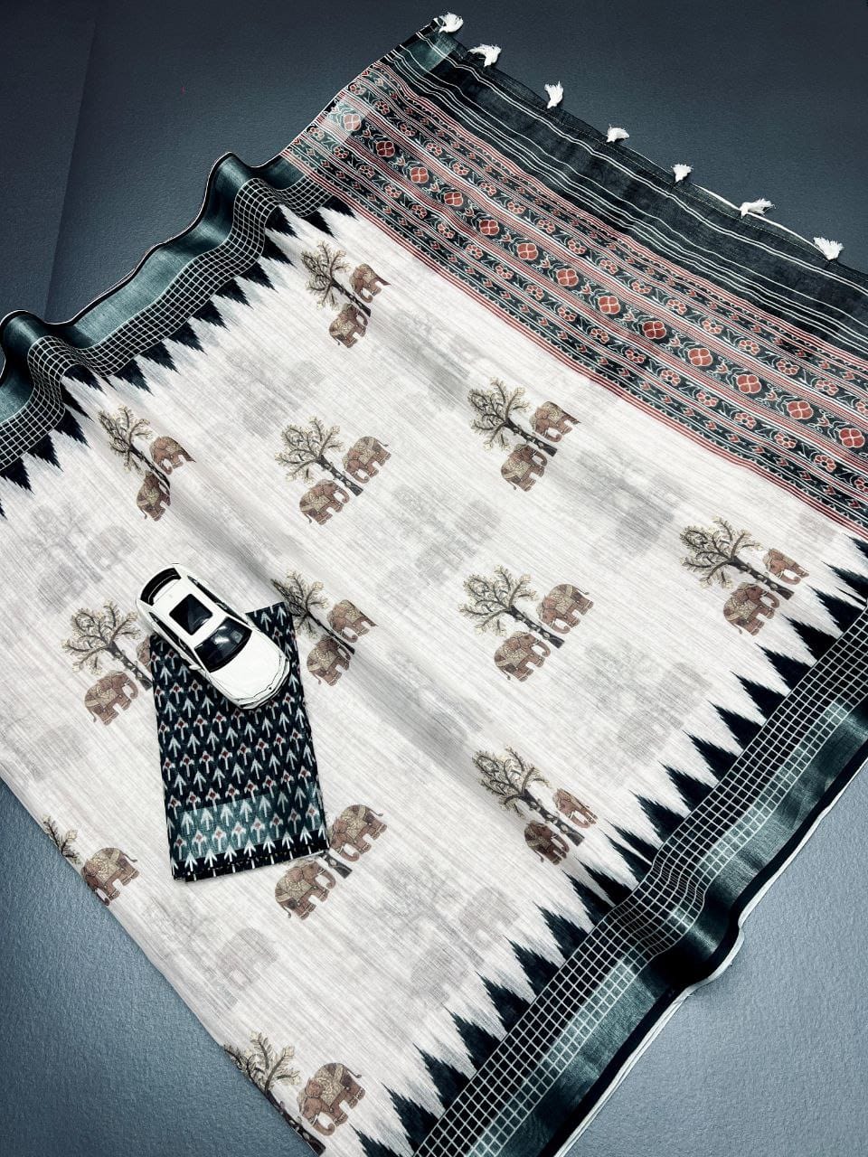 Premium Silver Broder Cotton Linen Saree With Soft Floral Print