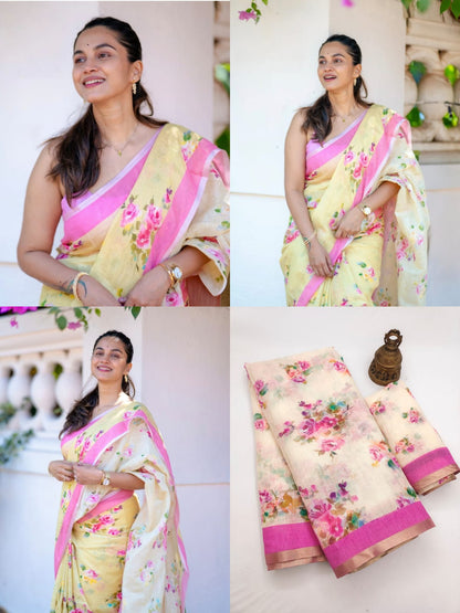 Premium Butter Soft Cotton Linen Saree With Soft Floral Print