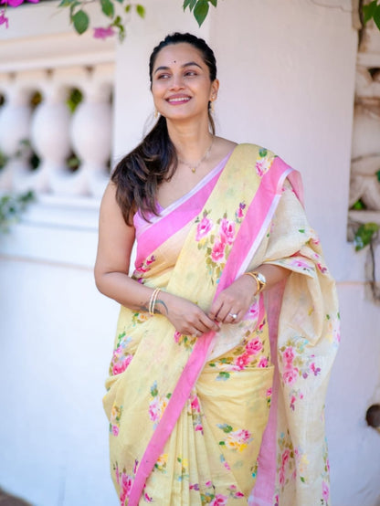 Premium Butter Soft Cotton Linen Saree With Soft Floral Print