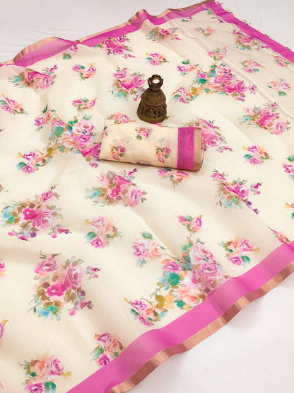 Premium Butter Soft Cotton Linen Saree With Soft Floral Print