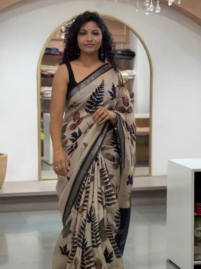 Premum Look Soft Linen Cotton Saree With Silver Broder