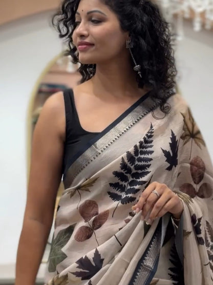 Premum Look Soft Linen Cotton Saree With Silver Broder