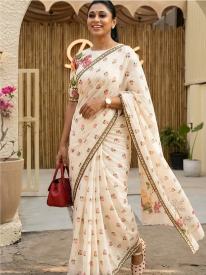 Premum Look Soft Linen Cotton Floral Print Saree