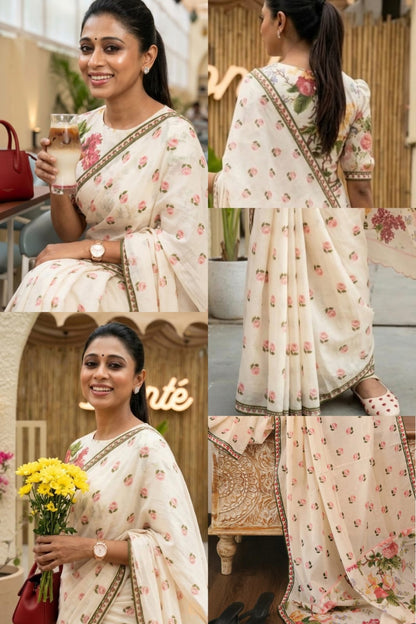 Premum Look Soft Linen Cotton Floral Print Saree