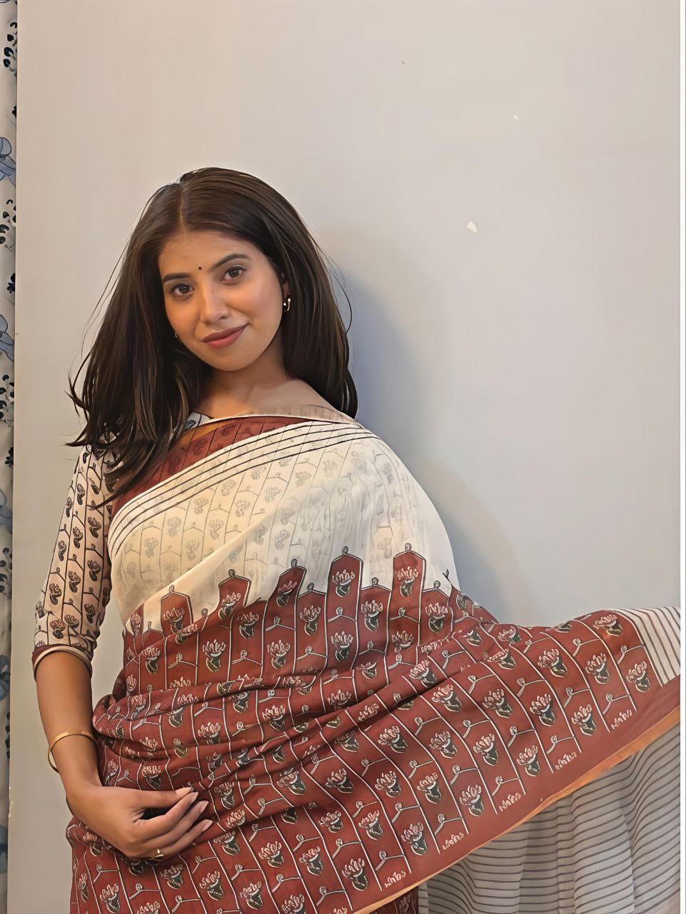 Premum Look Soft Linen Cotton Floral Print Saree