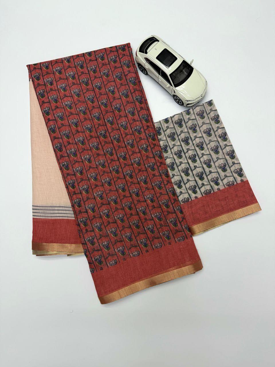 Premum Look Soft Linen Cotton Floral Print Saree