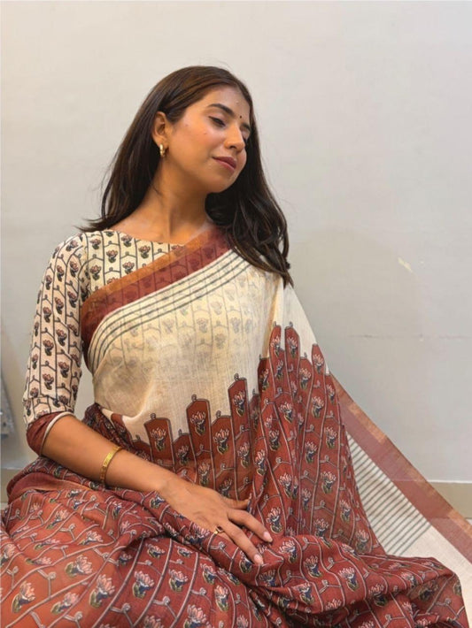 Premium Look Soft Linen Cotton Floral Print Saree