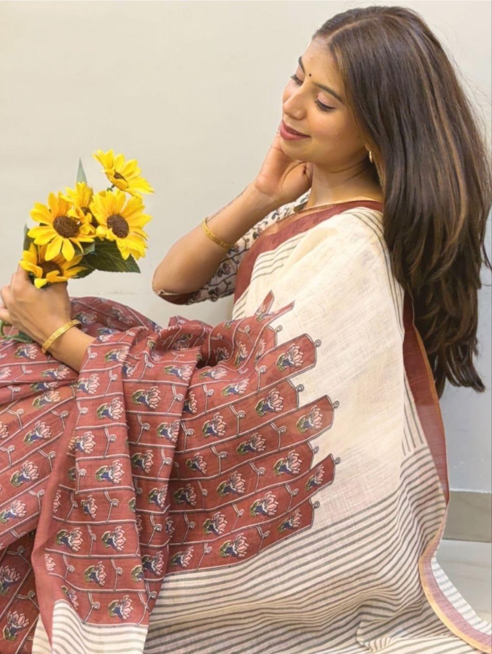 Premum Look Soft Linen Cotton Floral Print Saree
