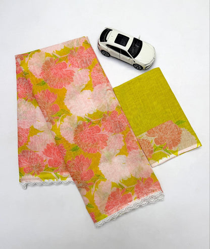 Peach Yellow Cotton Linen Floral Print Saree