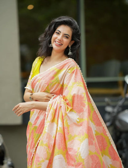 Peach Yellow Cotton Linen Floral Print Saree