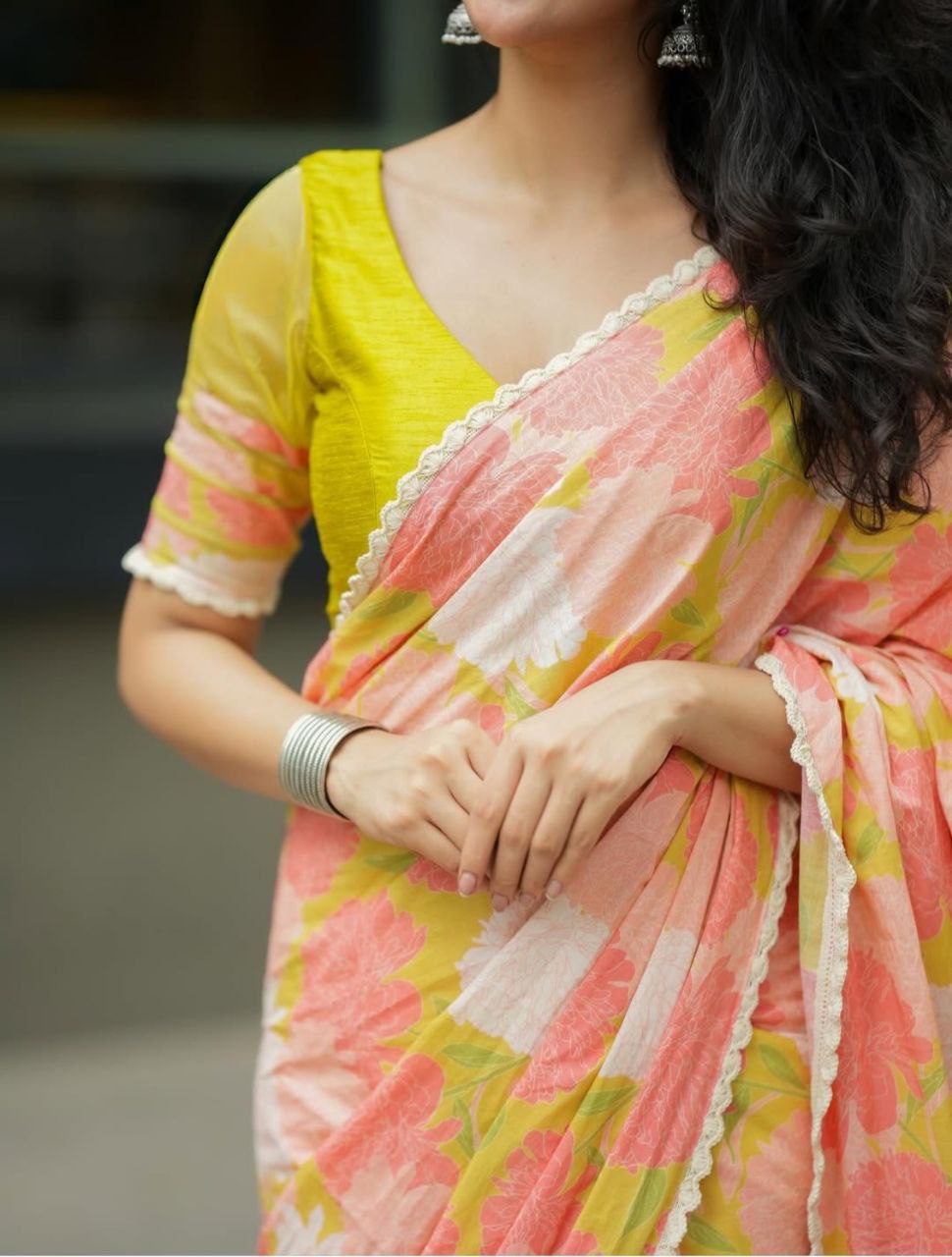 Peach Yellow Cotton Linen Floral Print Saree