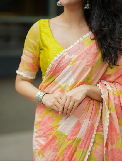 Peach Yellow Cotton Linen Floral Print Saree