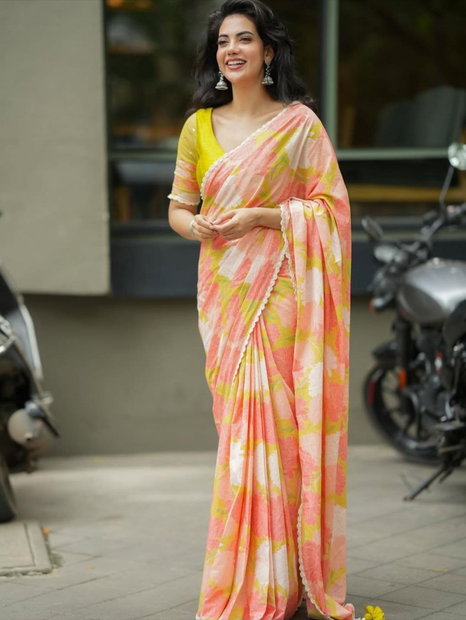 Peach Yellow Cotton Linen Floral Print Saree