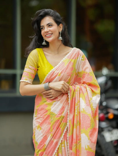 Peach Yellow Cotton Linen Floral Print Saree