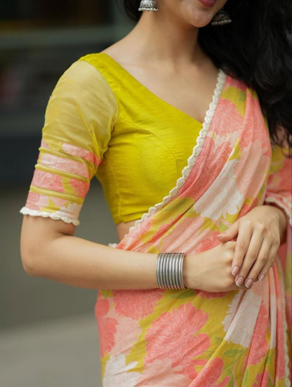 Peach Yellow Cotton Linen Floral Print Saree