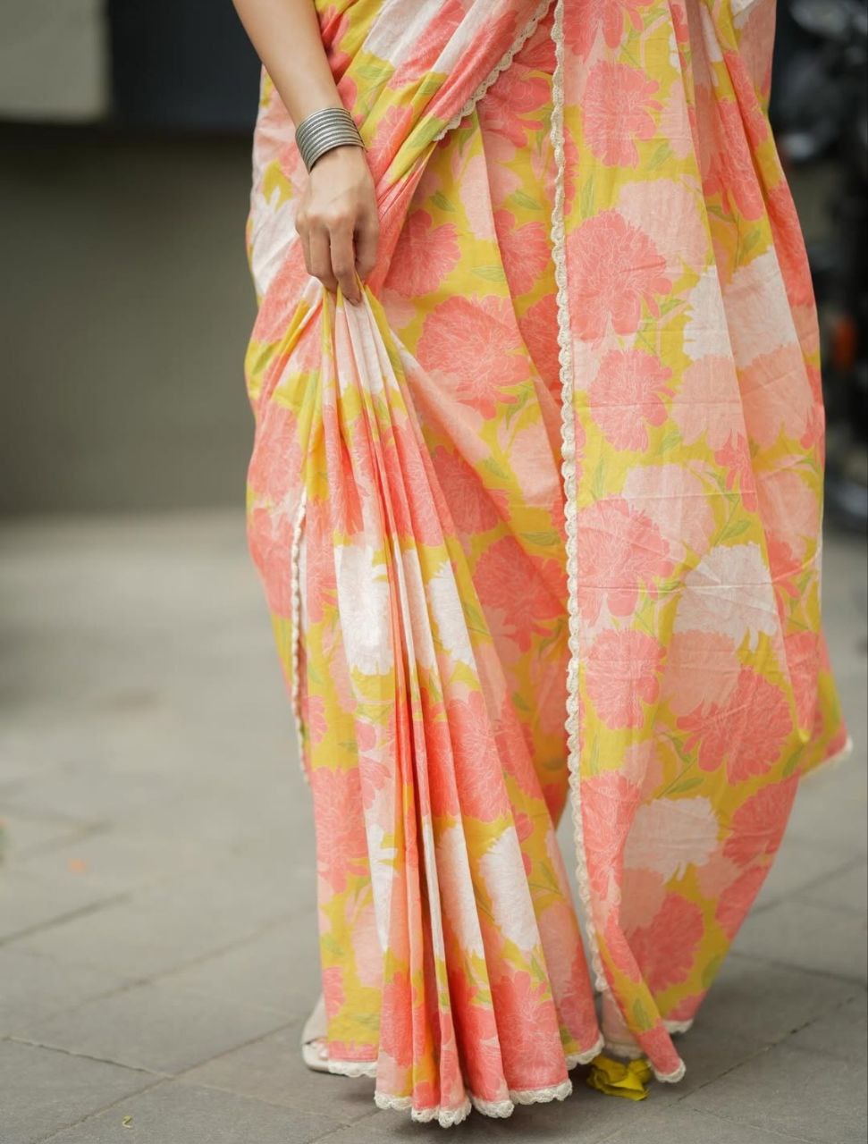 Peach Yellow Cotton Linen Floral Print Saree