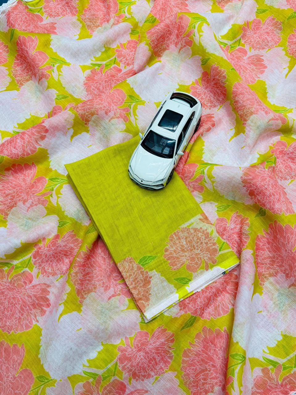 Peach Yellow Cotton Linen Floral Print Saree