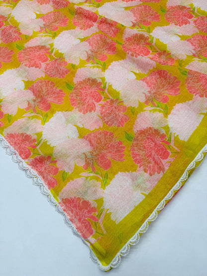 Peach Yellow Cotton Linen Floral Print Saree