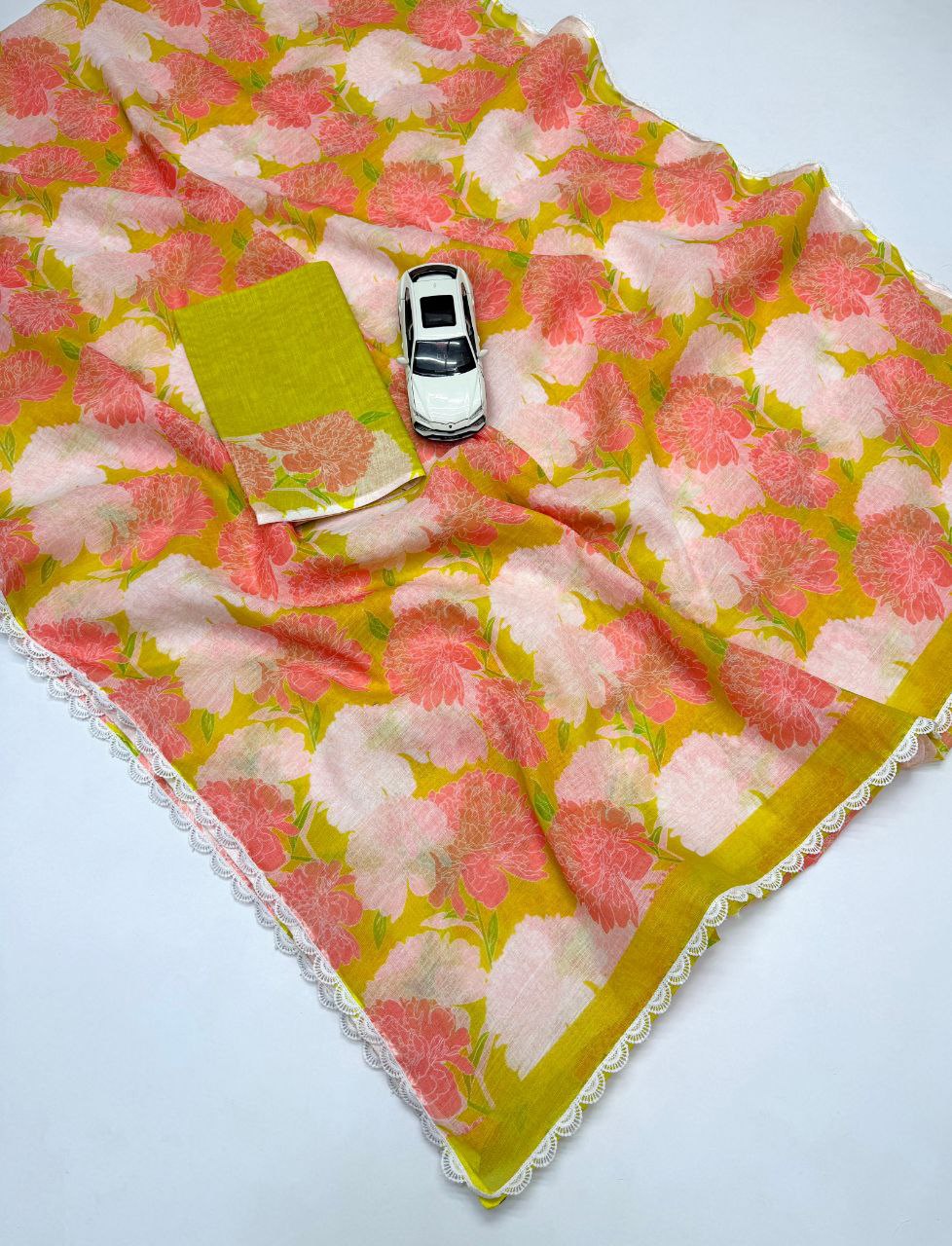 Peach Yellow Cotton Linen Floral Print Saree