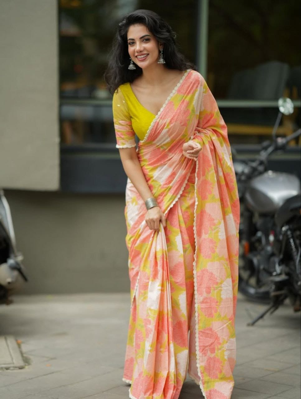 Peach Yellow Cotton Linen Floral Print Saree