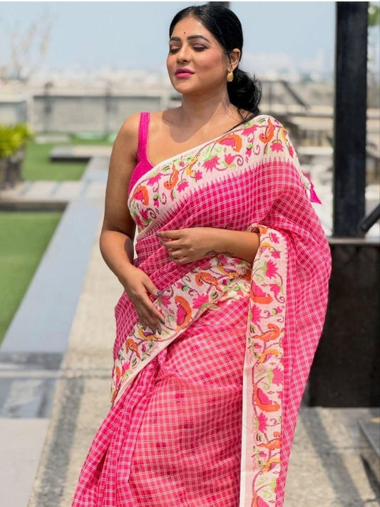 Light Pink Linen Cotton Floral Disign Saree