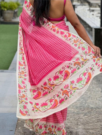 Light Pink Linen Cotton Floral Disign Saree