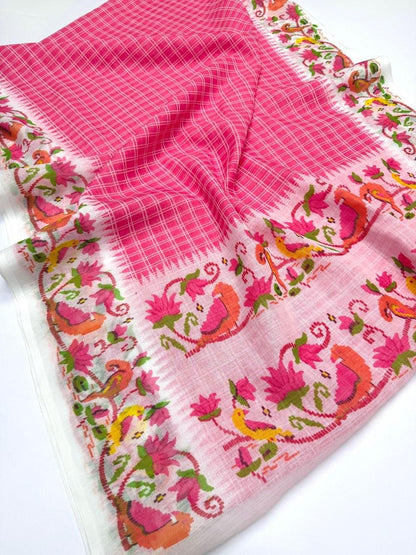 Light Pink Linen Cotton Floral Disign Saree