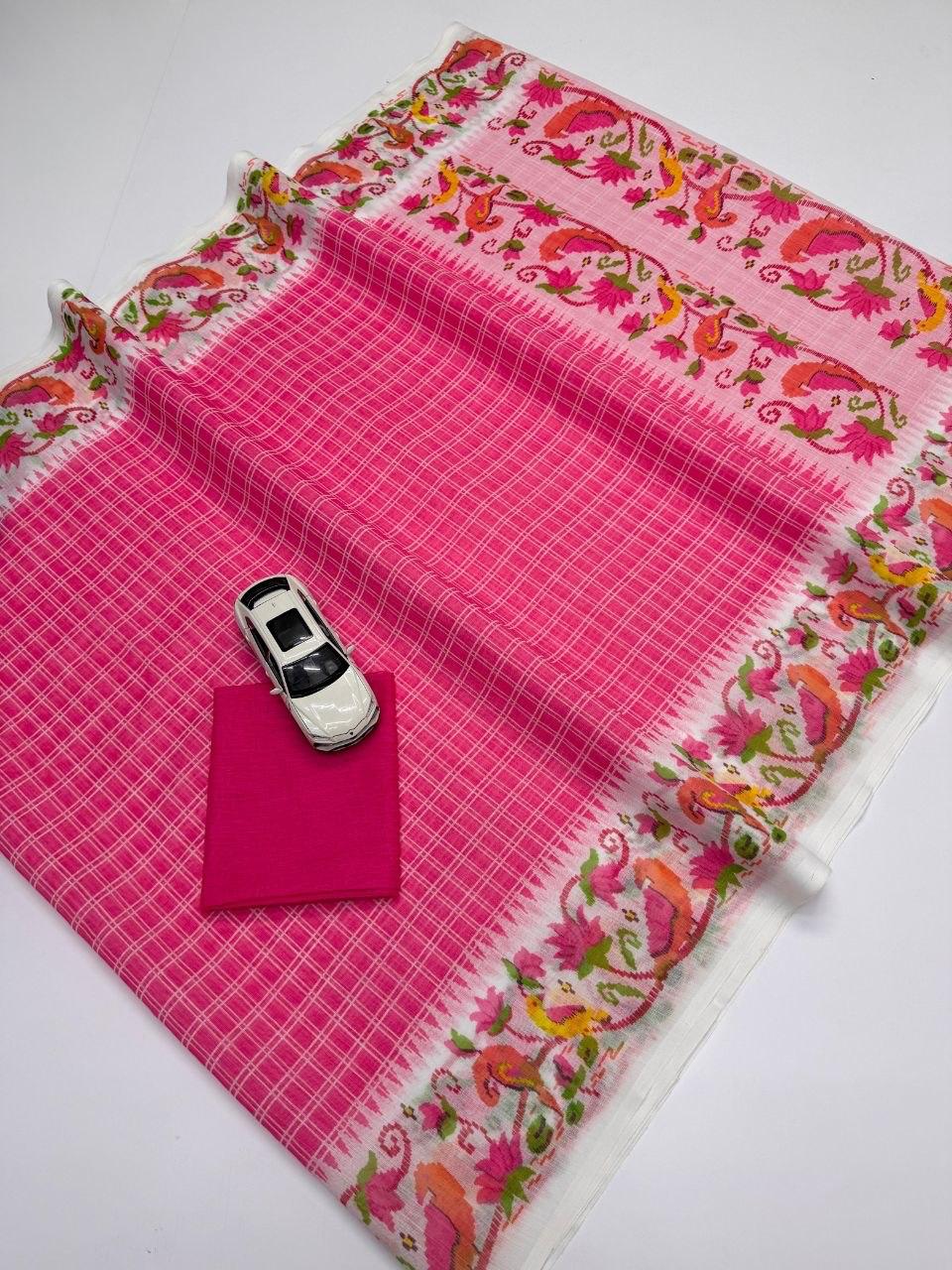 Light Pink Linen Cotton Floral Disign Saree