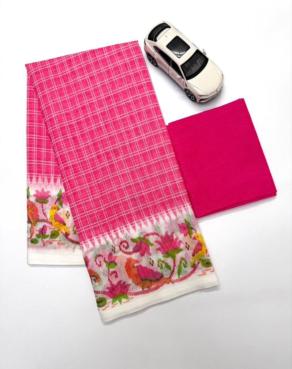 Light Pink Linen Cotton Floral Disign Saree