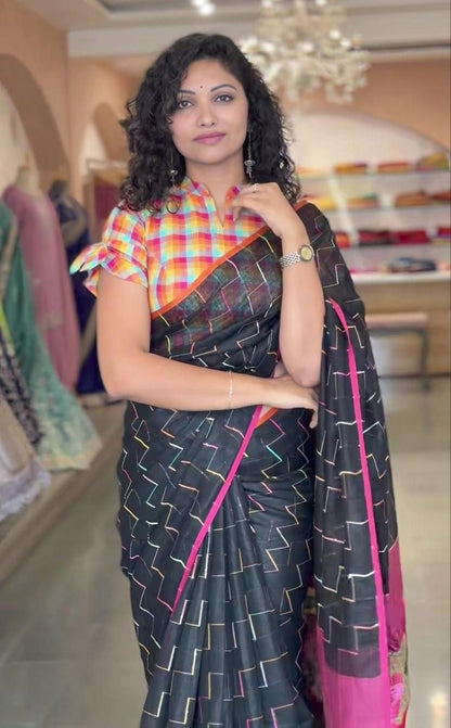 Black Color Floral Design Linen Cottan Saree With Fancy Blouse