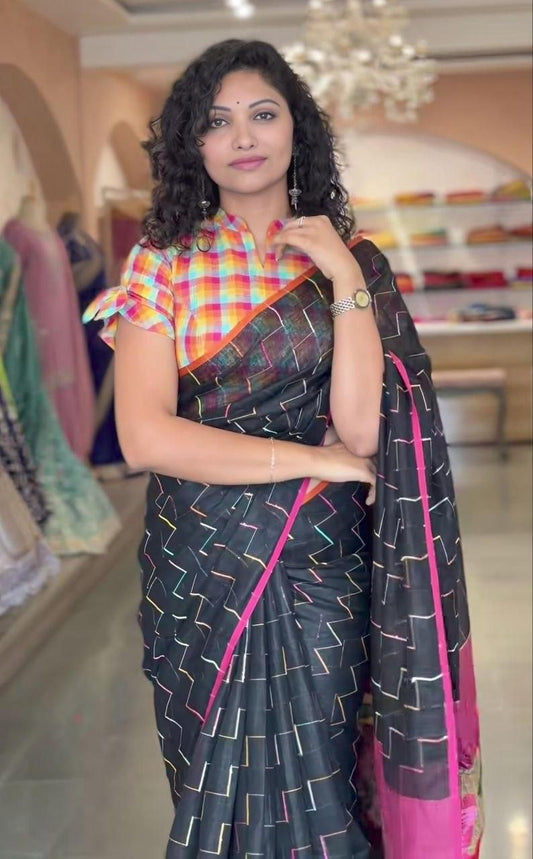 Black Color Floral Design Linen Cotton Saree With Fancy Blouse