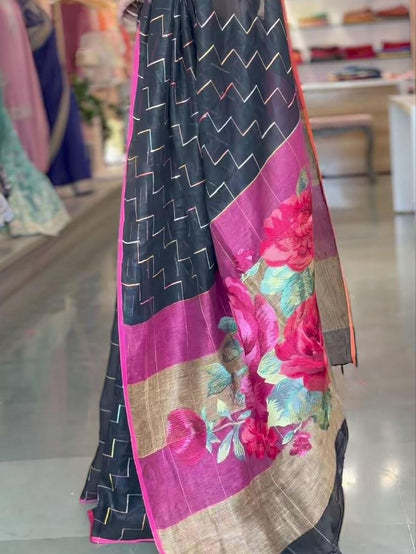 Black Color Floral Design Linen Cottan Saree With Fancy Blouse