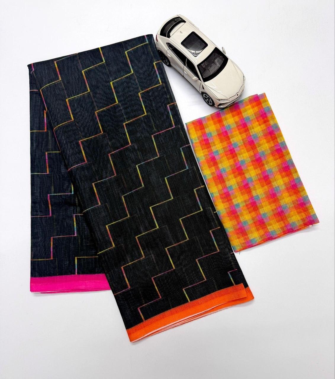 Black Color Floral Design Linen Cottan Saree With Fancy Blouse