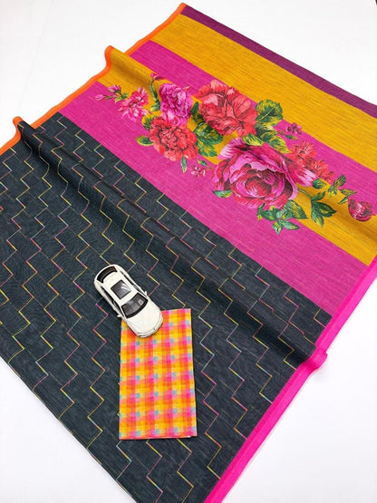 Black Color Floral Design Linen Cottan Saree With Fancy Blouse