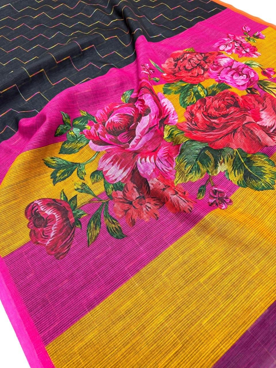Black Color Floral Design Linen Cottan Saree With Fancy Blouse