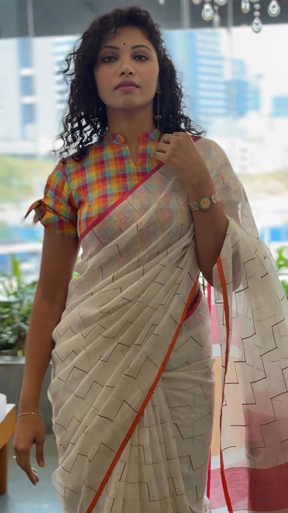 White Color Floral Design Linen Cottan Saree With Fancy Blouse