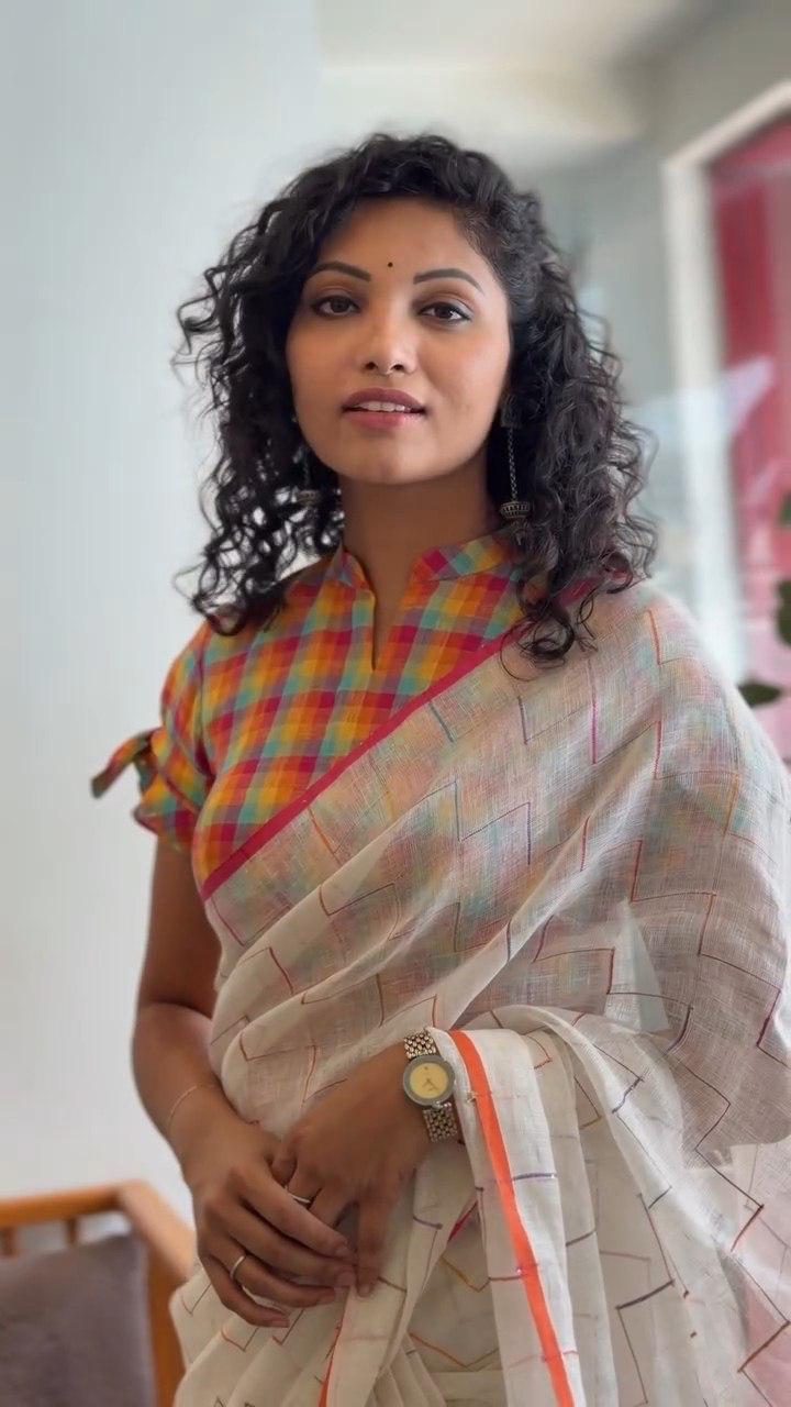 White Color Floral Design Linen Cottan Saree With Fancy Blouse