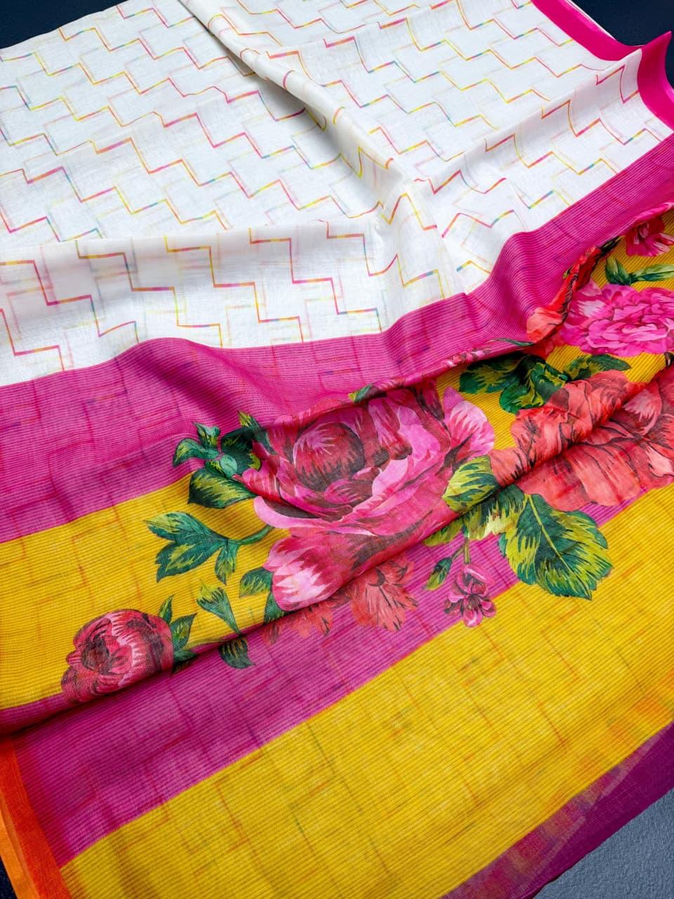 White Color Floral Design Linen Cottan Saree With Fancy Blouse