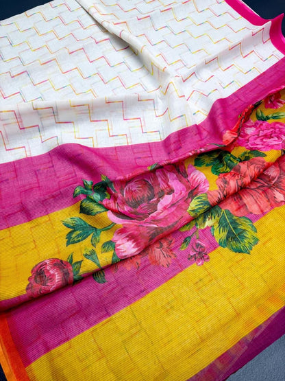 White Color Floral Design Linen Cottan Saree With Fancy Blouse