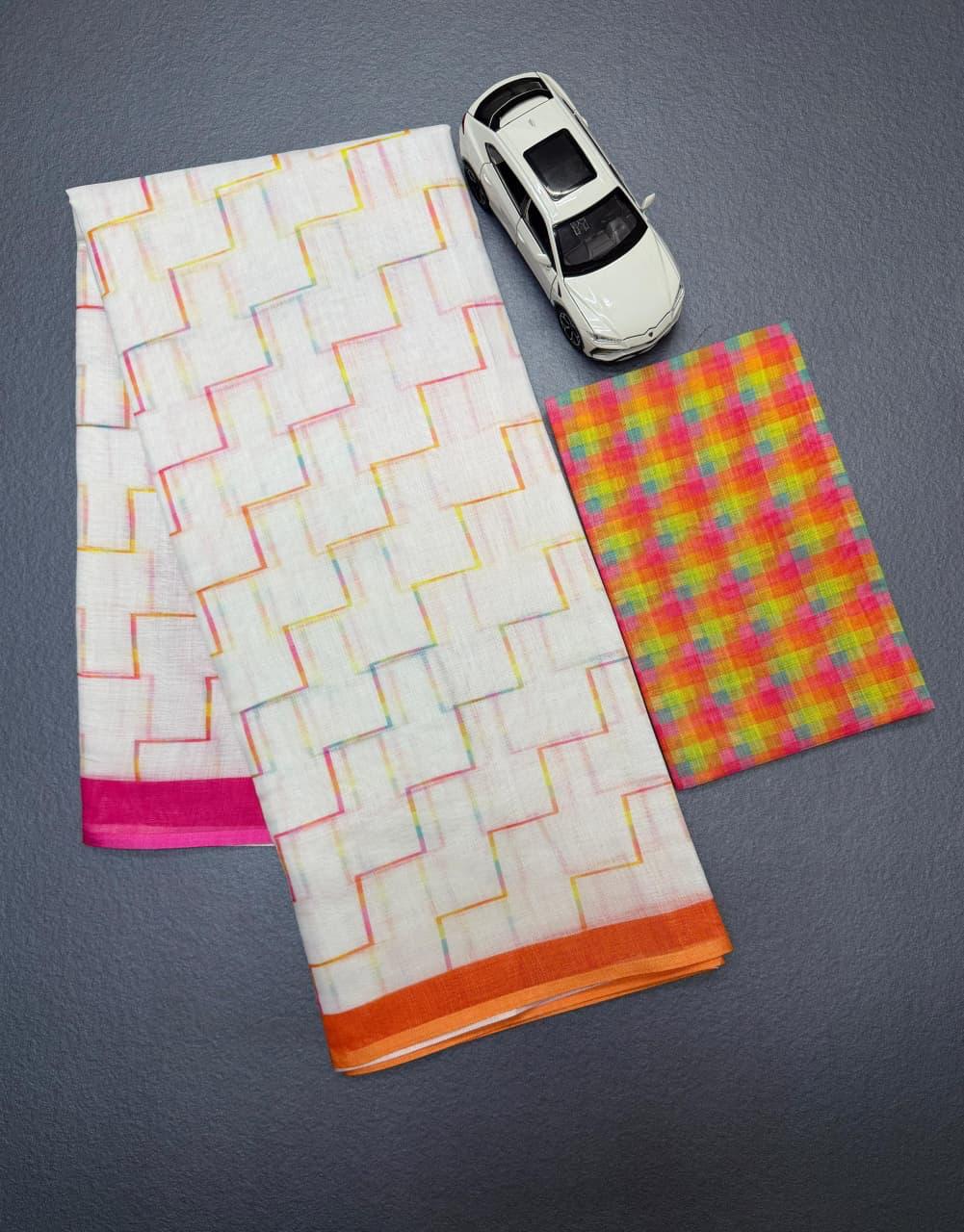White Color Floral Design Linen Cottan Saree With Fancy Blouse