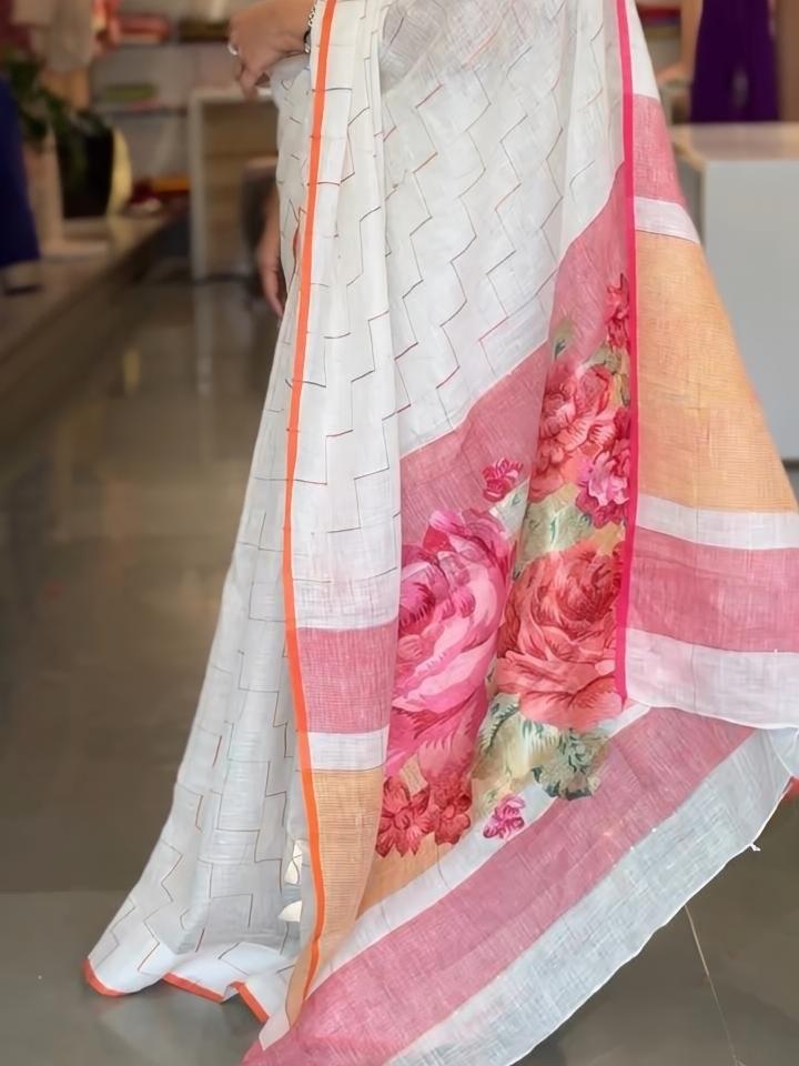 White Color Floral Design Linen Cottan Saree With Fancy Blouse